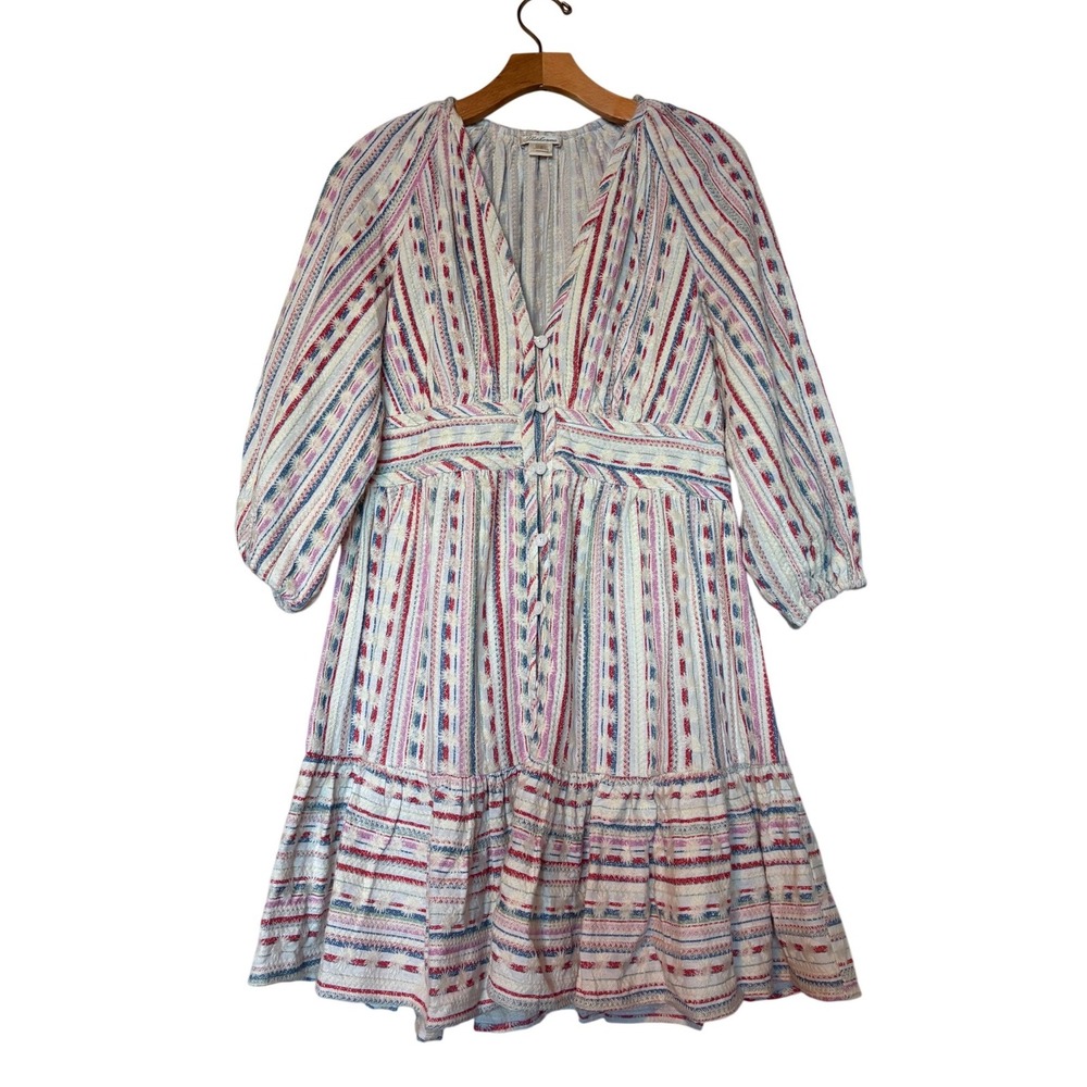 Shoshanna Breeze Mini‎ Dress Embroidered Button Front V-Neck Linen Blend SZ M